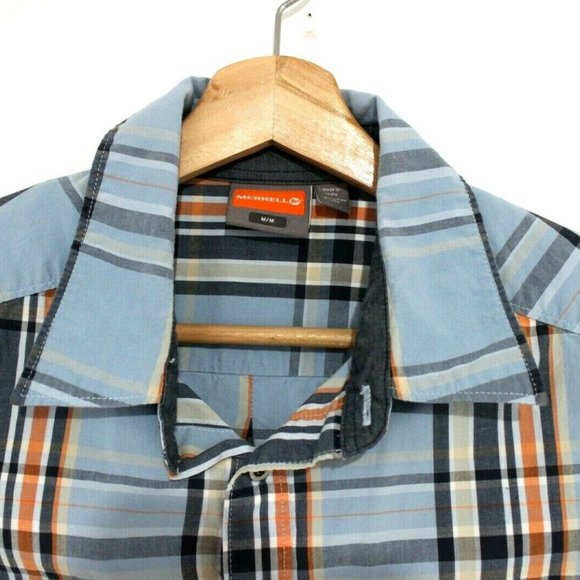 Merrell Mens Size Medium Blue Plaid Metal Button Down Short Sleeve Shirt - Picture 2 of 4